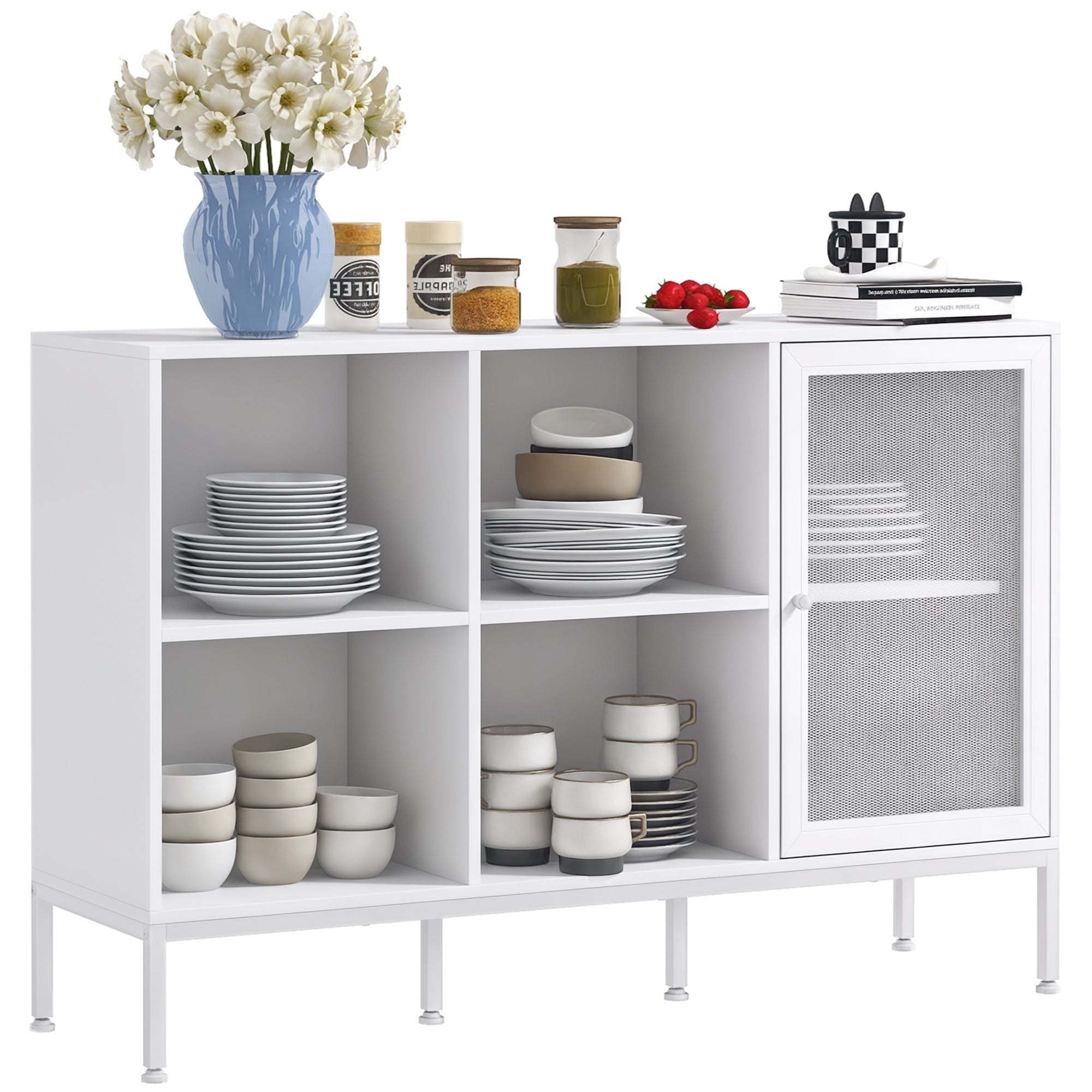Buffet Moderno con 4 Ripiani Aperti e Armadietto in Legno e Acciaio 120 x 37 x 81,5 cm