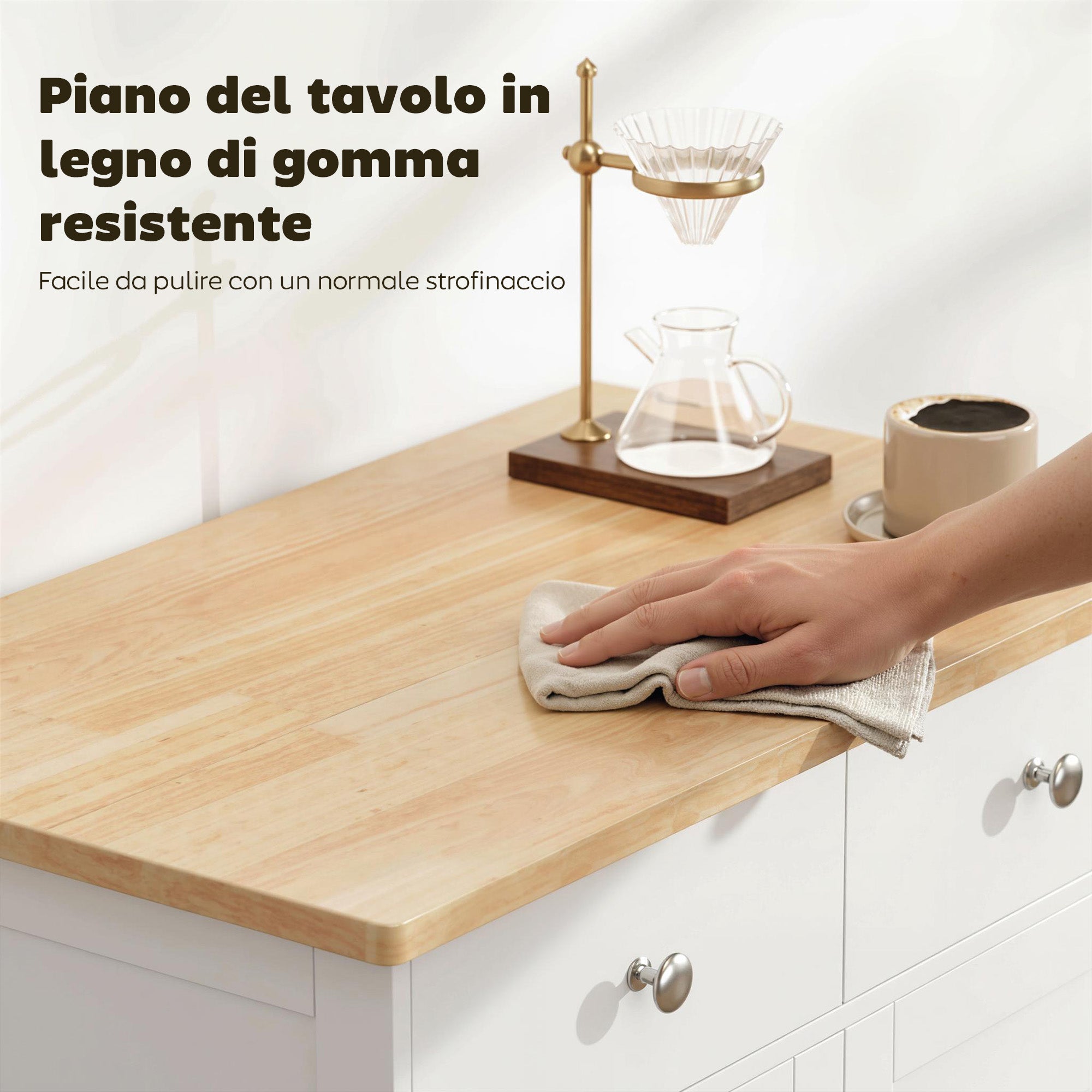 Buffet Multiuso con 2 Cassetti, 2 Ante, Mensola Regolabile e Piano in Legno di Hevea