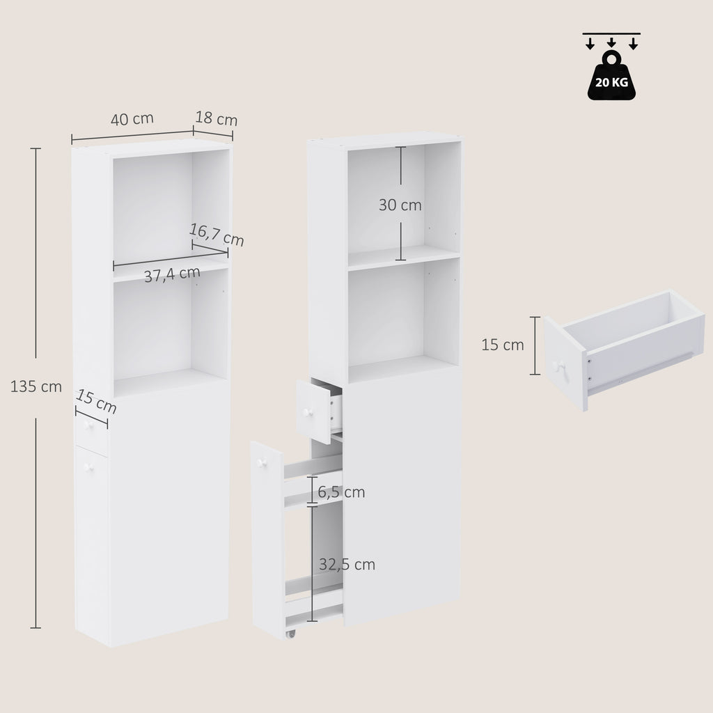 Mobiletto Bagno Slim Bianco con Ruote e Cassetto