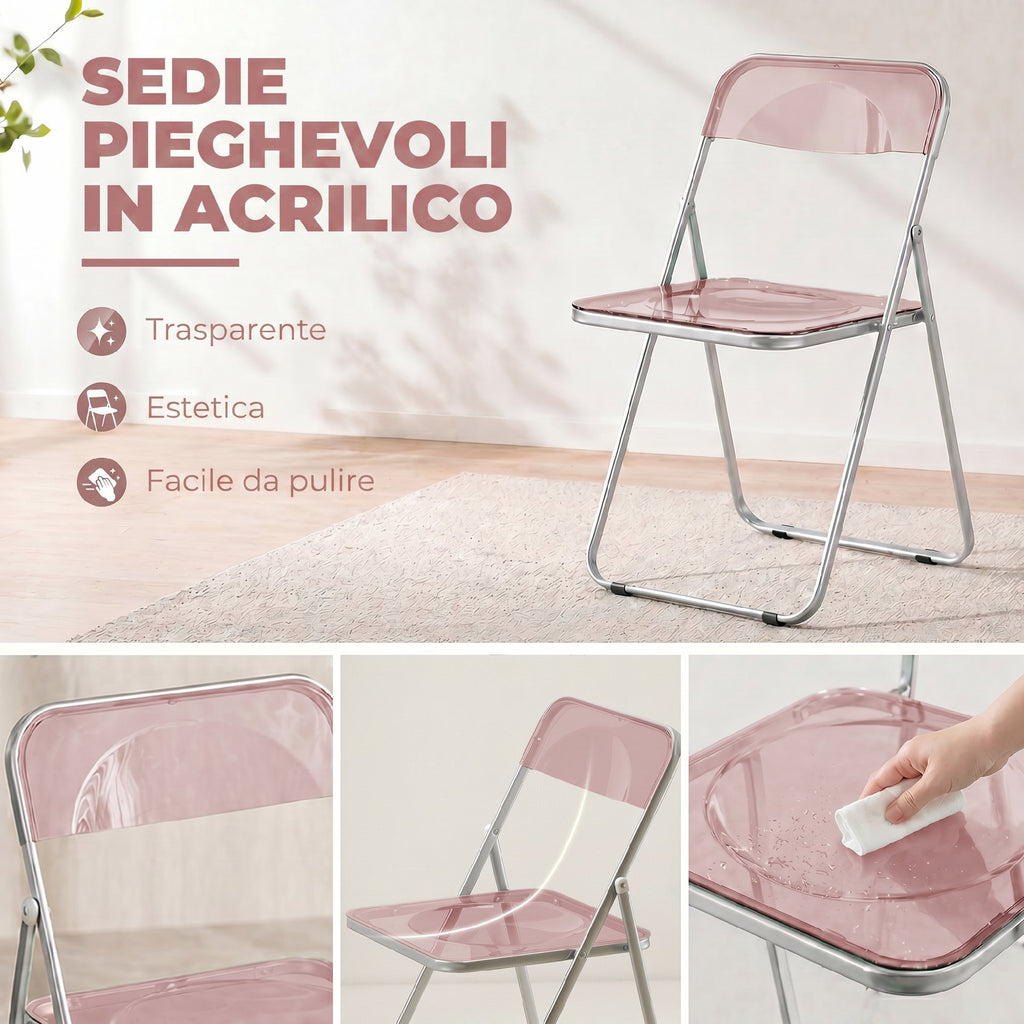 Set 4 Sedie Pieghevoli Trasparenti Rosa in Acrilico