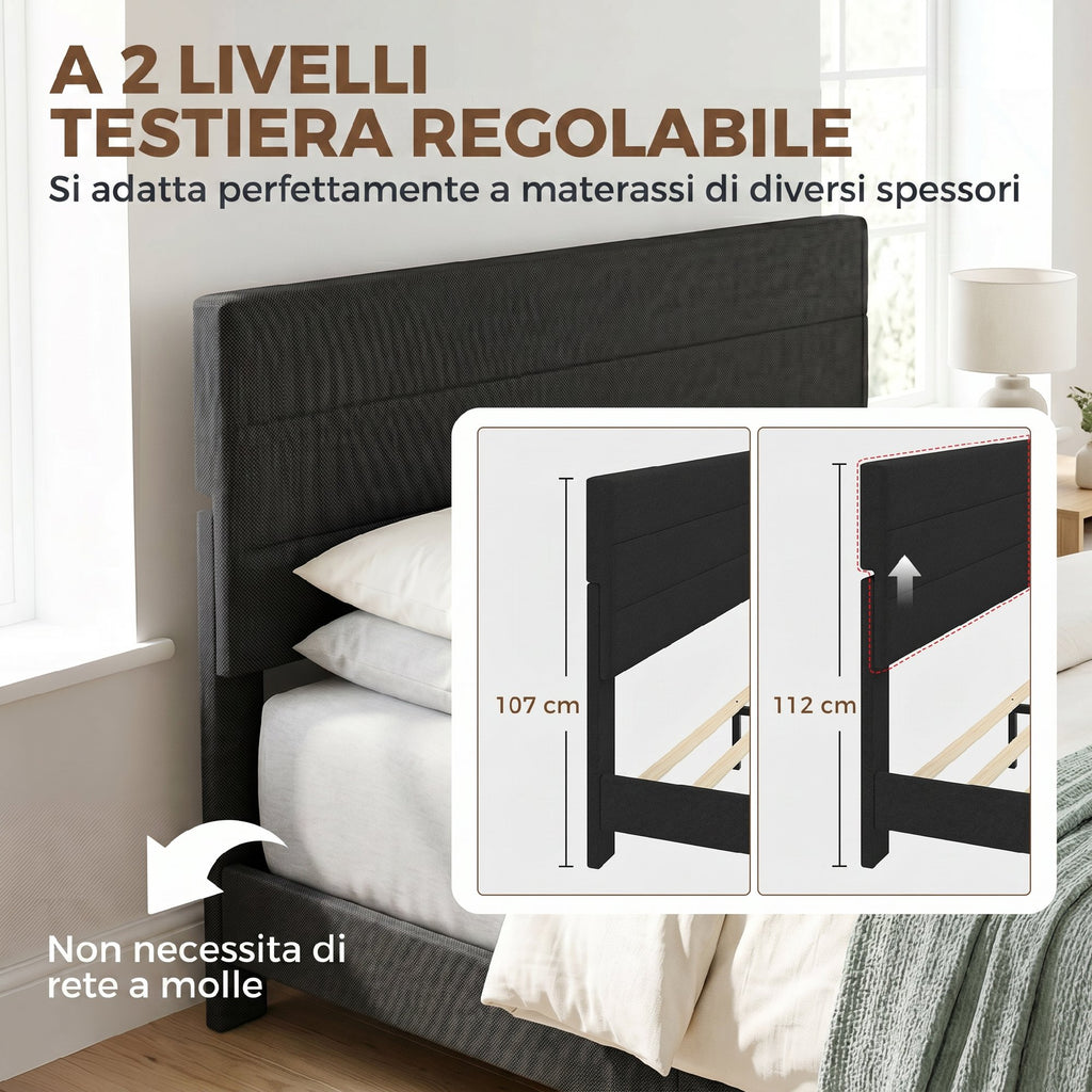 Letto Matrimoniale in Tessuto Effetto Lino con Testiera Regolabile Nero