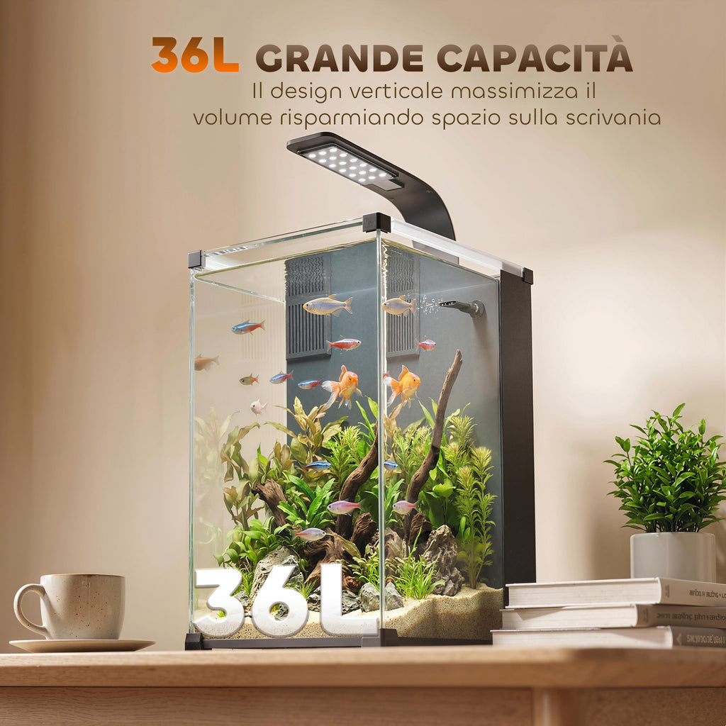 Nano Acquario in Vetro Temperato con Filtro Integrato, Pompa 5W e Luce LED