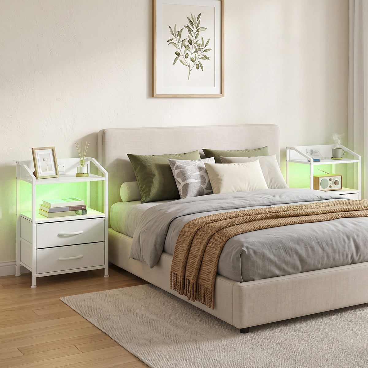 Set 2 Comodini Bianchi con Luci LED e Ricarica