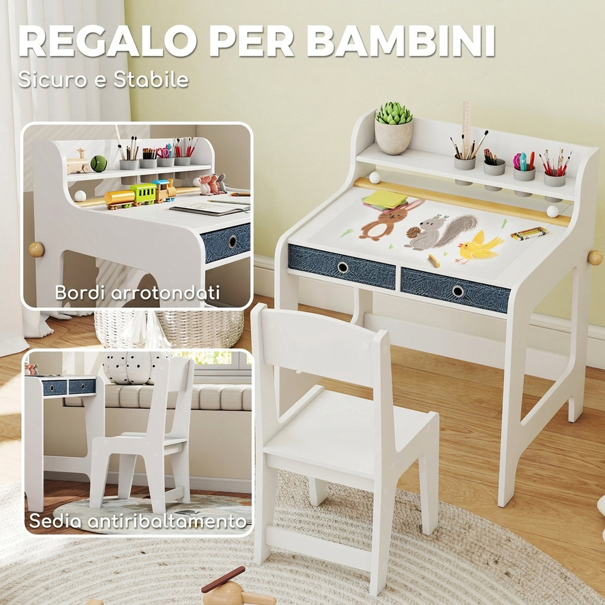 Scrivania con Sedia per Bambini e 2 Cassetti