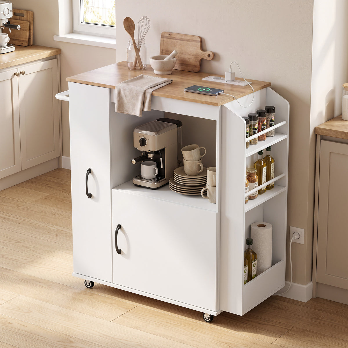 Carrello da Cucina Bianco con Presa di Corrente