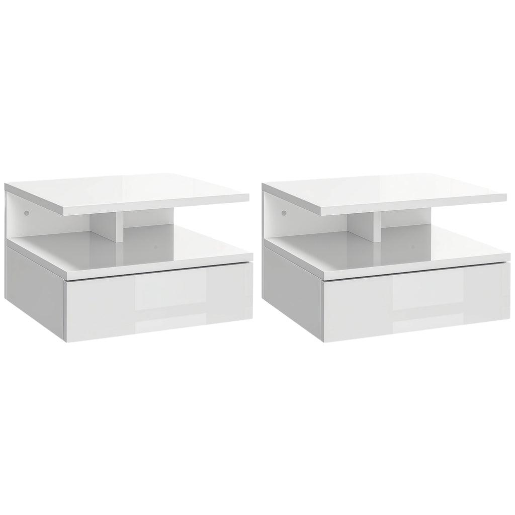 Set 2 Comodini Sospesi Bianchi con Cassetto e Mensola