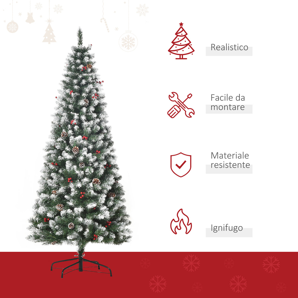 Albero di Natale 180 cm con Bacche Rosse e Pigne