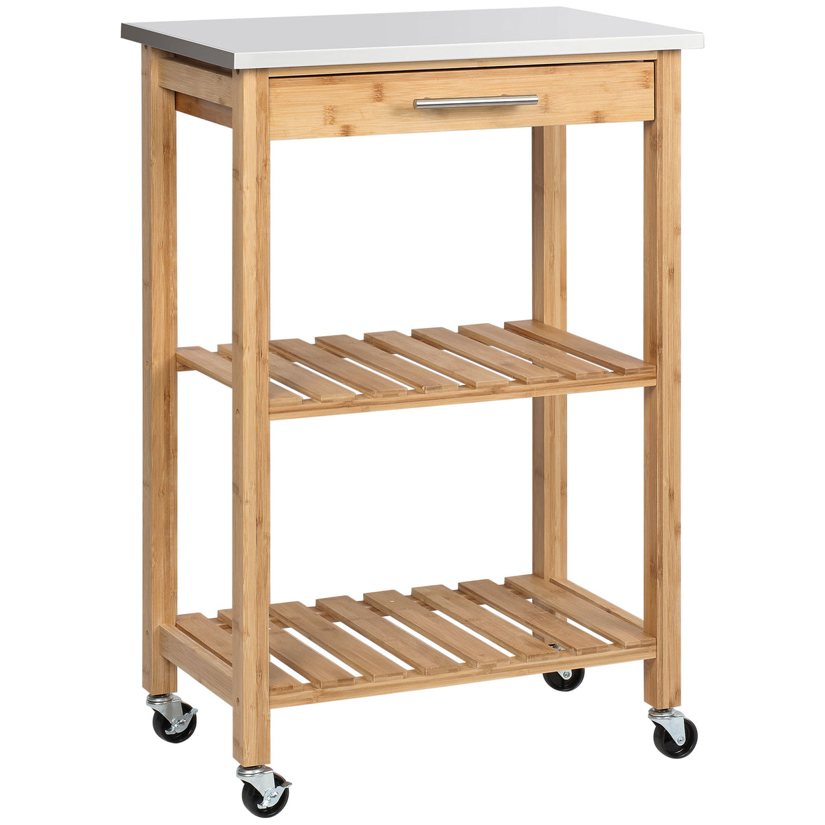 Carrello da Cucina in Bambù con Piano in Acciaio Inox