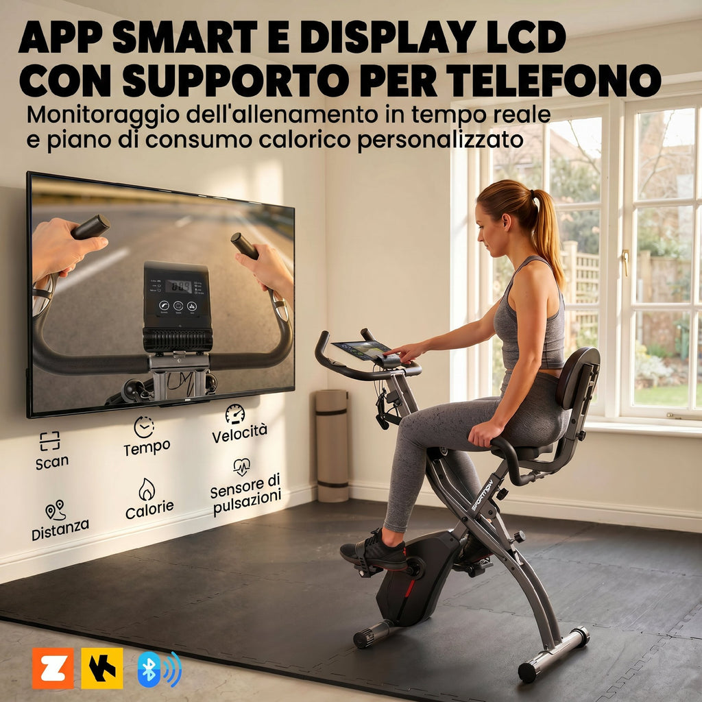 Cyclette Magnetica con Resistenza a 8 Livelli, Display LCD e App Bluetooth, in Acciaio Q195 Nero