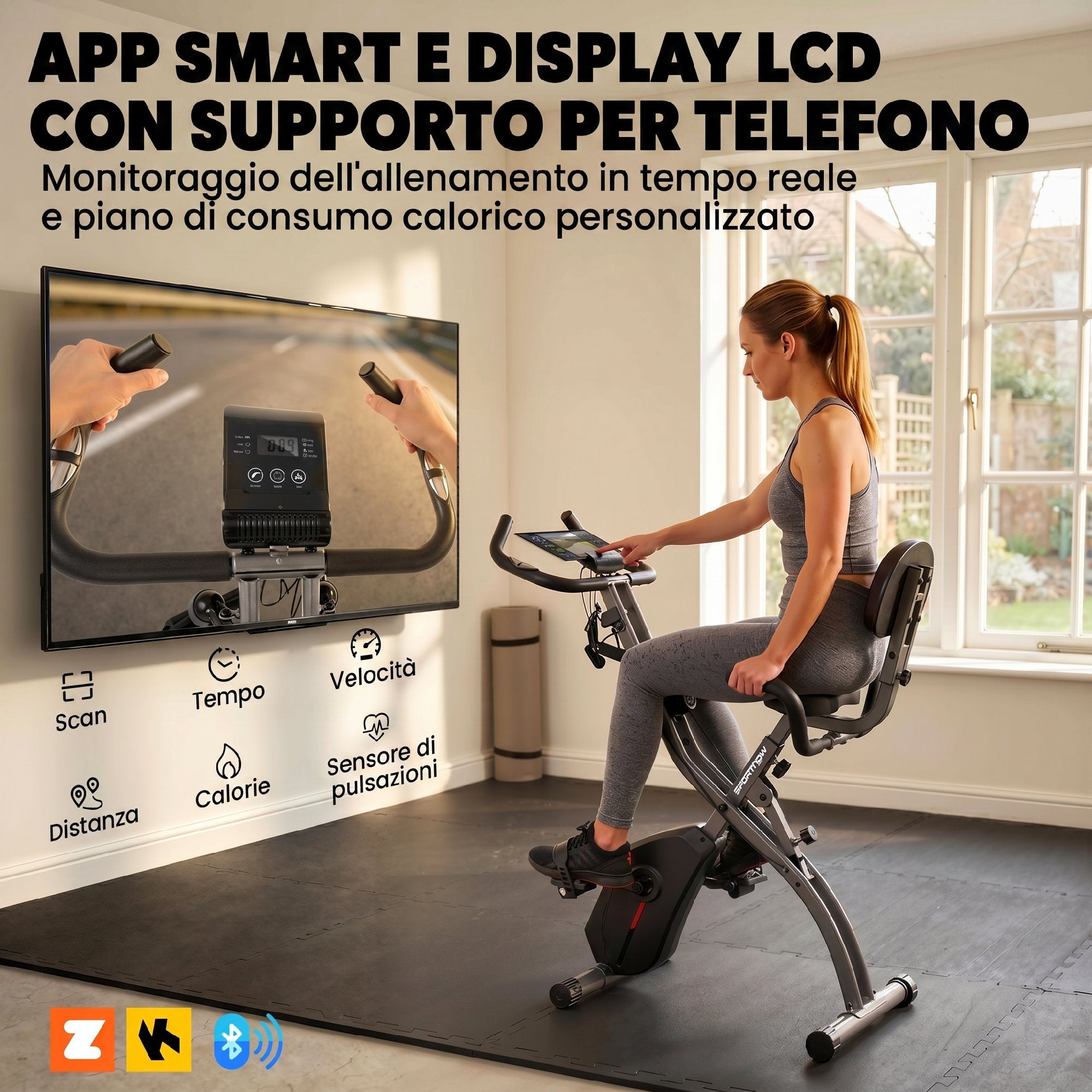 Cyclette Magnetica con Resistenza a 8 Livelli, Display LCD e App Bluetooth, in Acciaio Q195 Nero