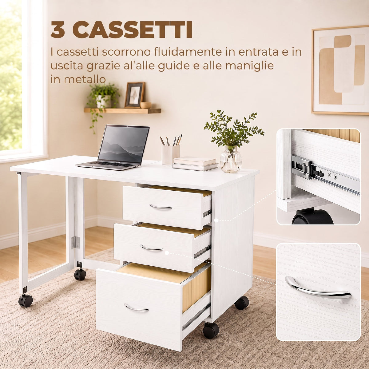 Scrivania Pieghevole Bianca con 3 Cassetti e Ruote