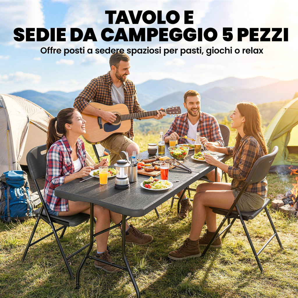 Set Tavolo e Sedie da Campeggio 5 Pezzi con Tavolo Pieghevole e 4 Sedie