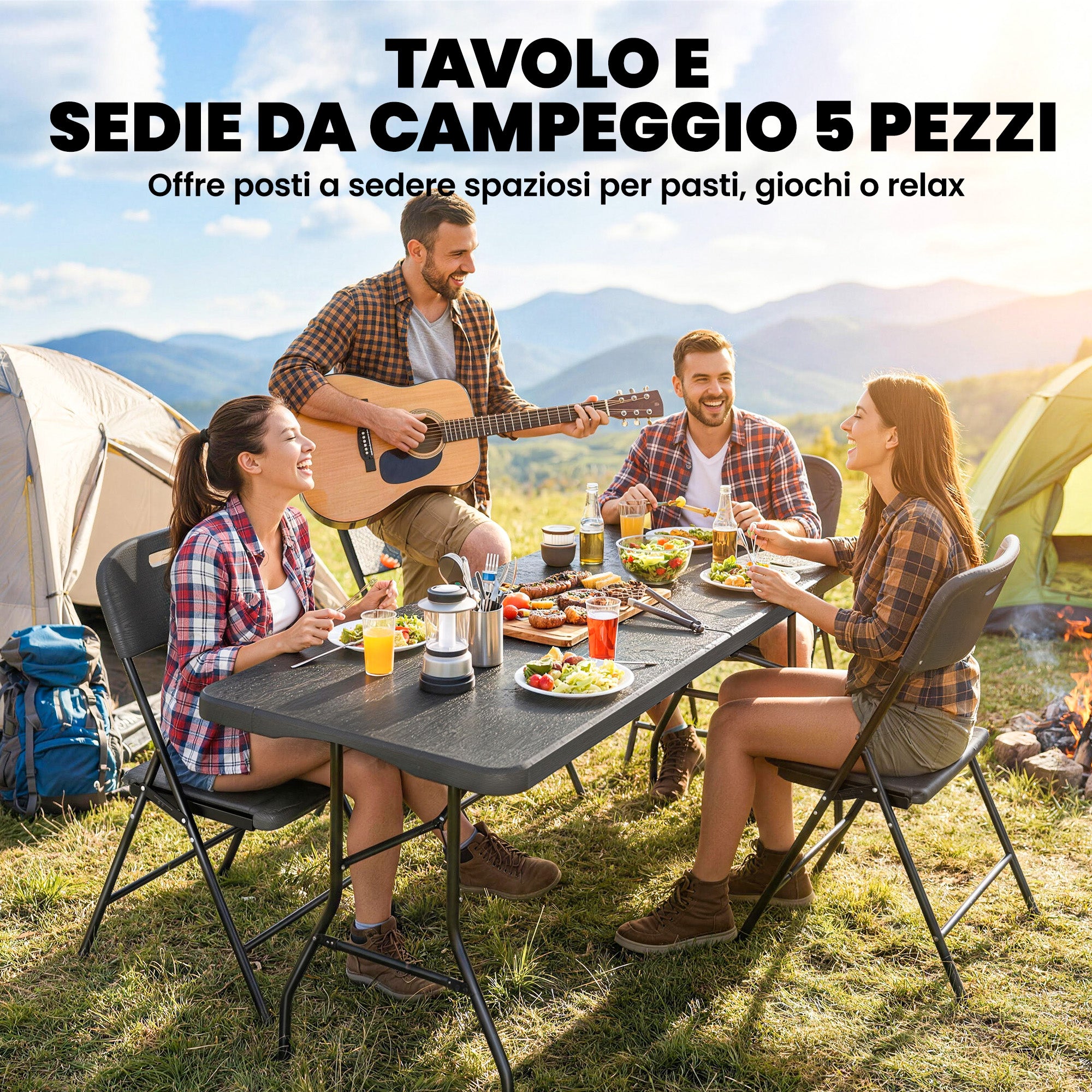 Set Tavolo e Sedie da Campeggio 5 Pezzi con Tavolo Pieghevole e 4 Sedie