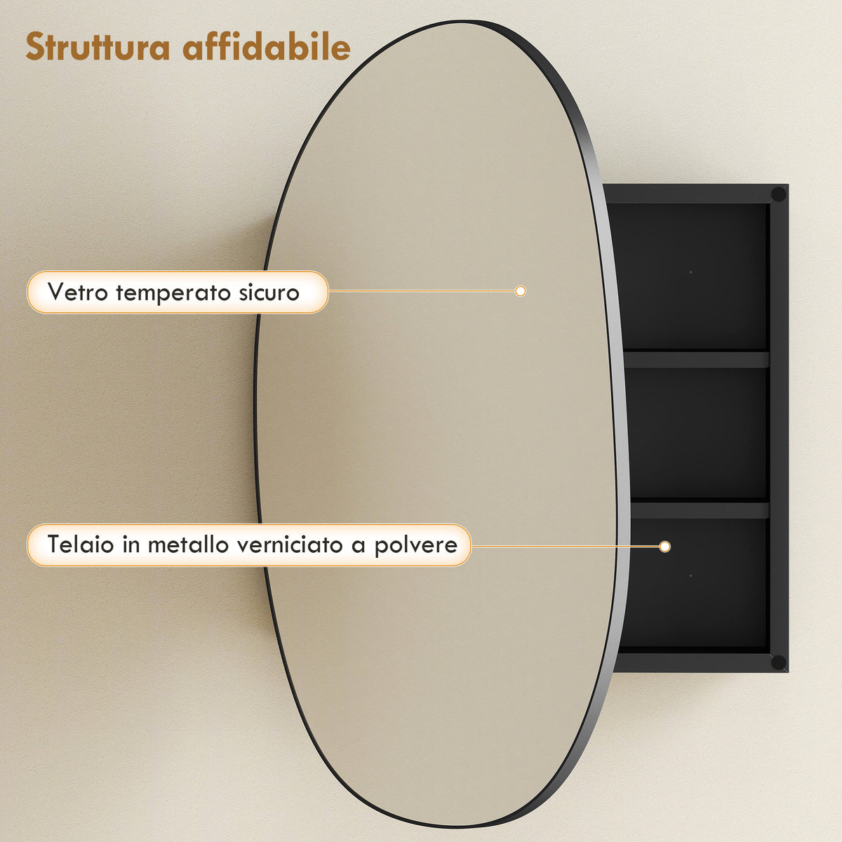 Armadietto Bagno Nero con Specchio e Ripiani