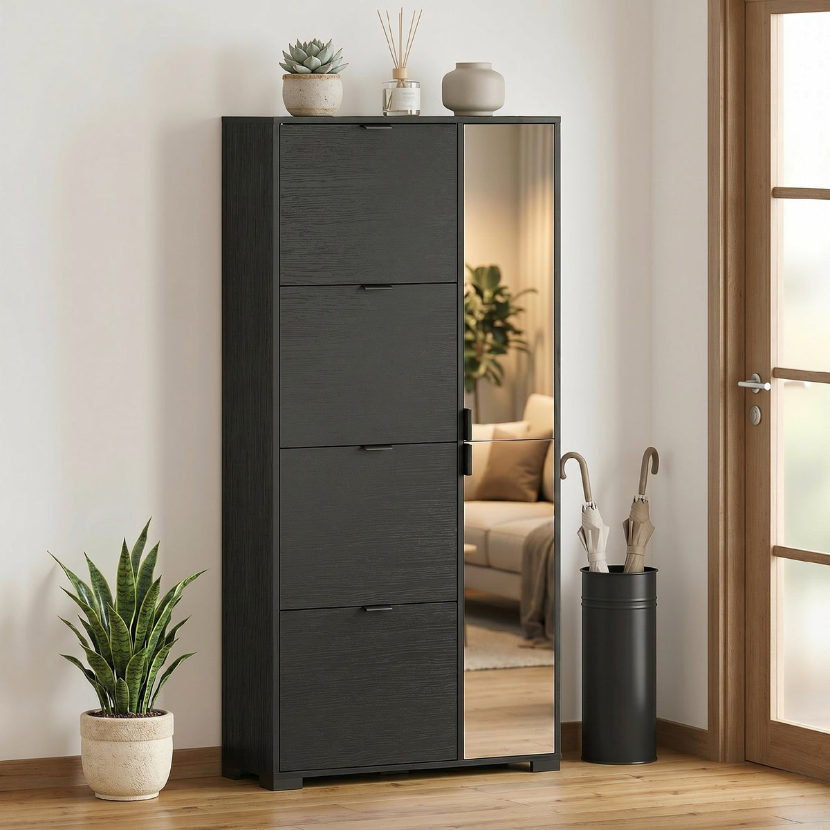 Scarpiera Nera con Specchio e 4 Cassetti Ribaltabili
