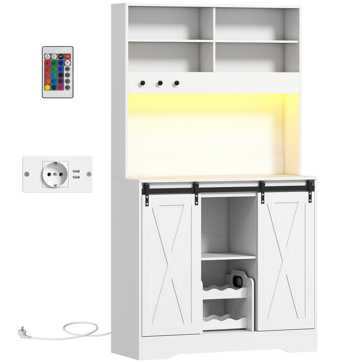 Credenza Cucina con LED, Prese Elettriche e Portabottiglie