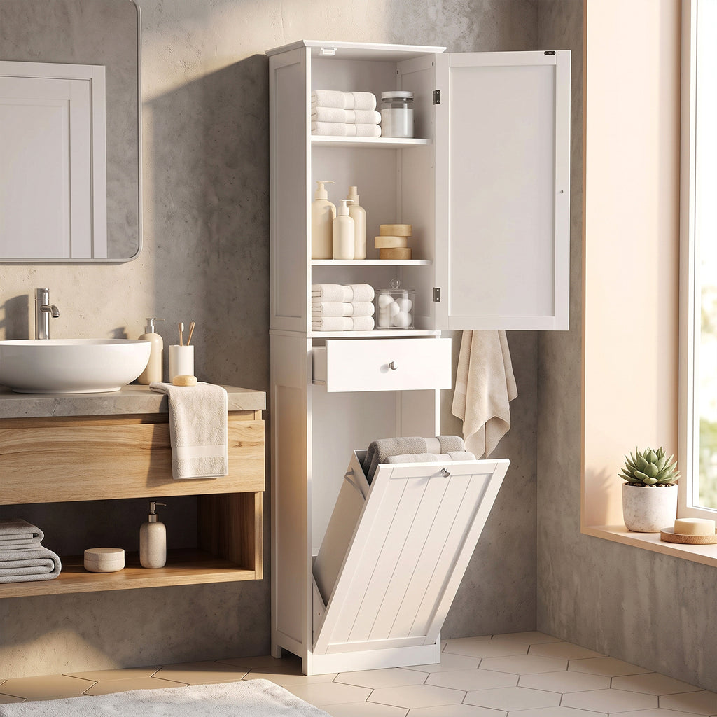 Mobile Bagno a Colonna 180 cm con Cesto Portabiancheria