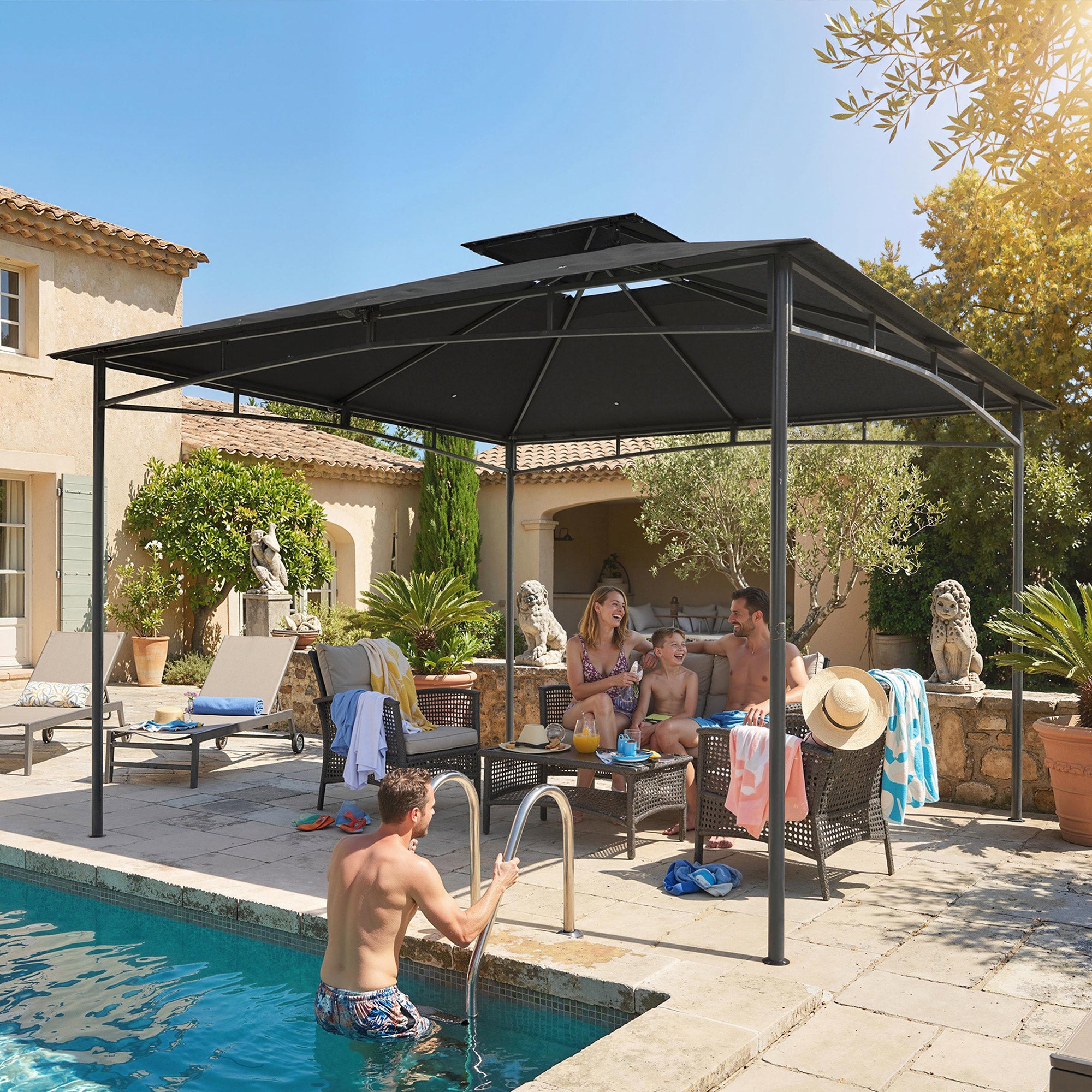 Gazebo da Giardino 3x3 m Impermeabile con Tetto Retrattile
