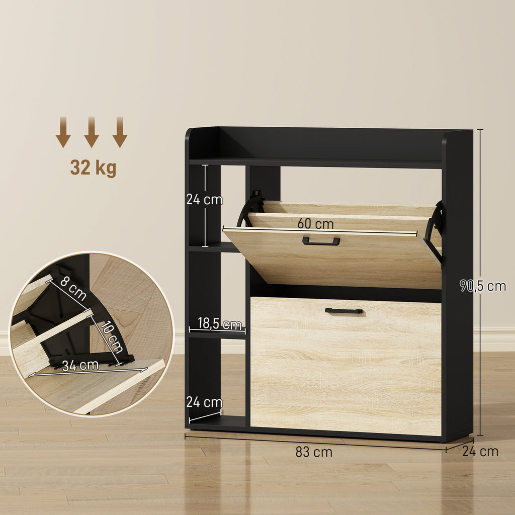 Scarpiera Slim Nera con 2 Cassetti e 3 Vani Aperti