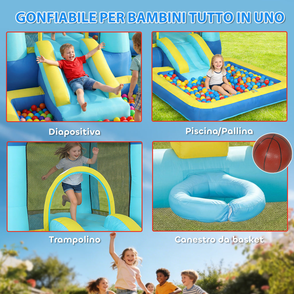 Castello Gonfiabile per Bambini con Scivolo, Trampolino, Piscina e Canestro