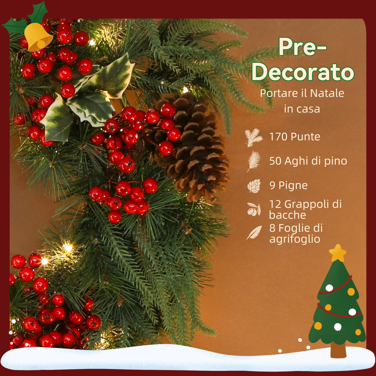 Ghirlanda Natalizia 60 cm con Luci LED e TIMER