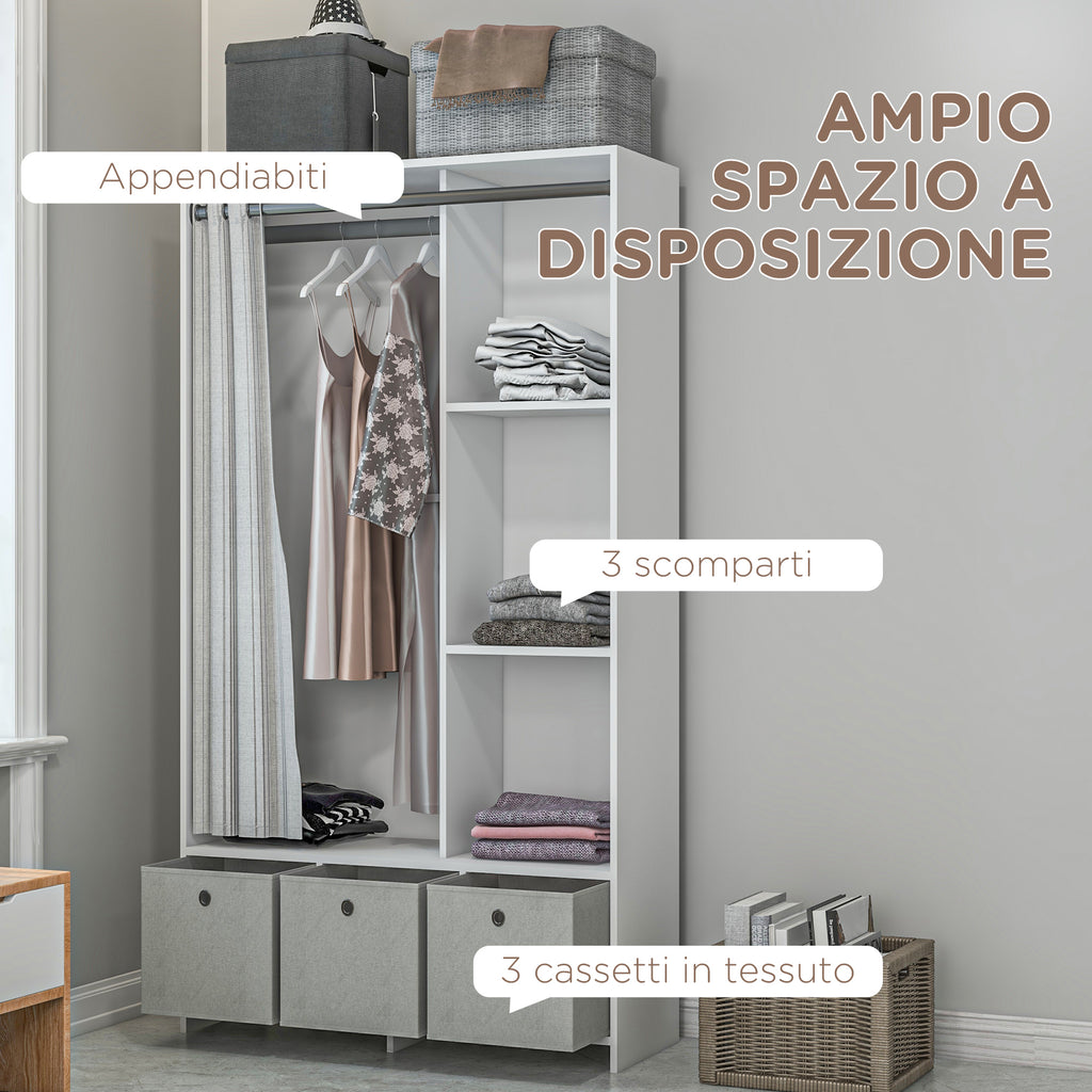 Armadio Guardaroba con Barra Appendiabiti, 3 Cassetti in Tessuto e Tenda