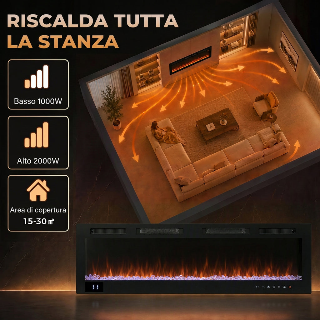 Camino Elettrico da Incasso con Fiamma Indipendente 152 cm