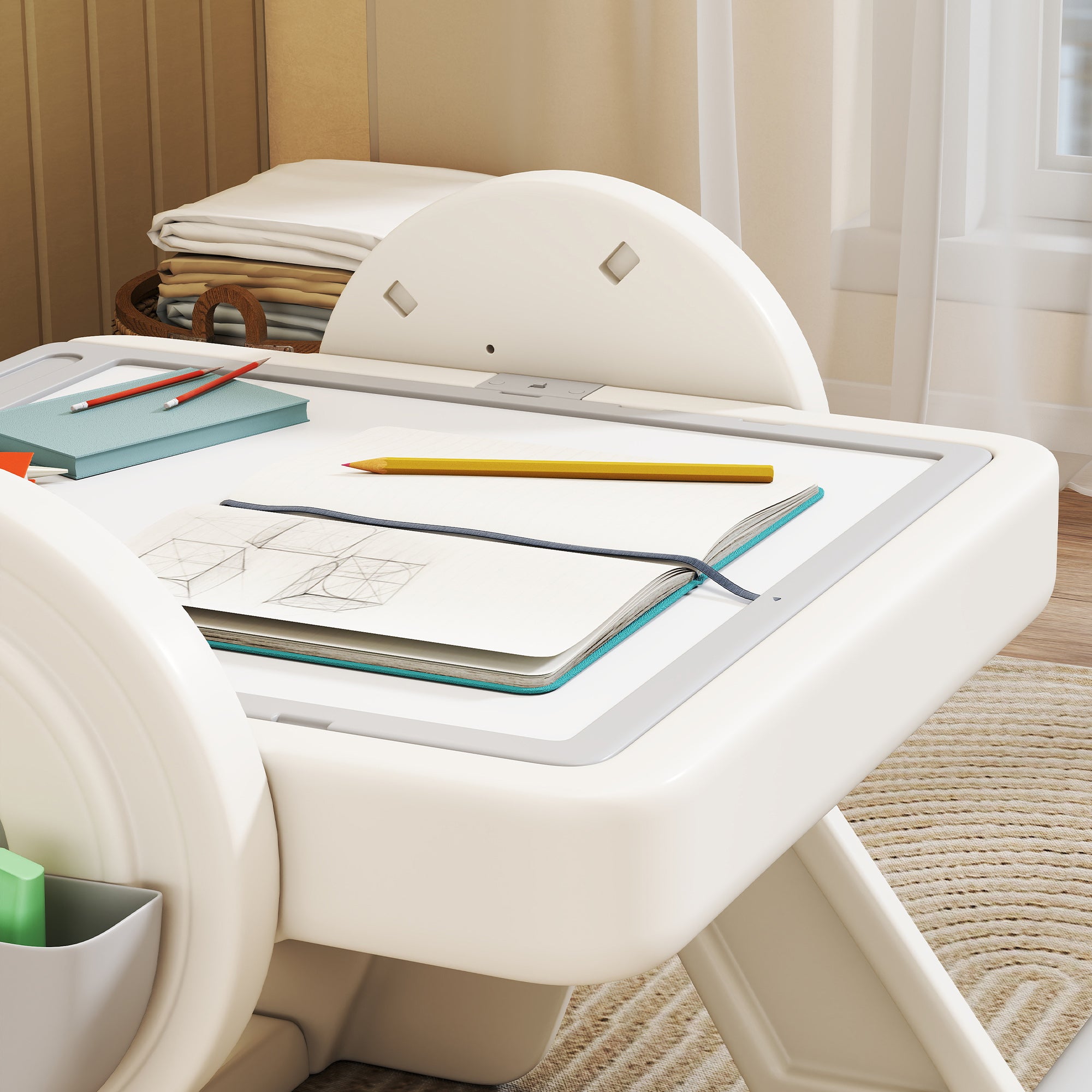 Tavolo Multiuso per Bambini con Ripiano Contenitore e Cassetti Grigio e Bianco