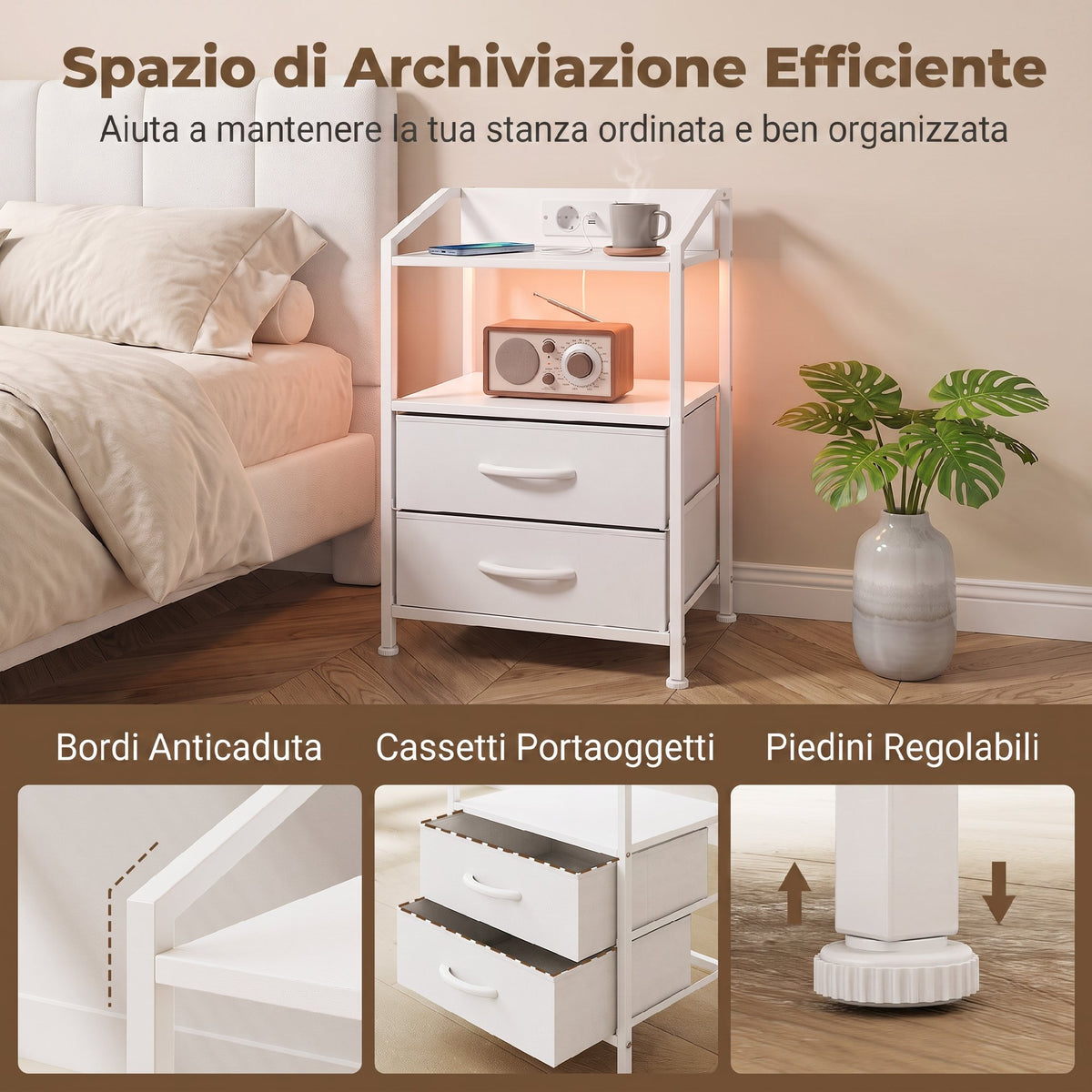 Set 2 Comodini Bianchi con Luci LED e Ricarica