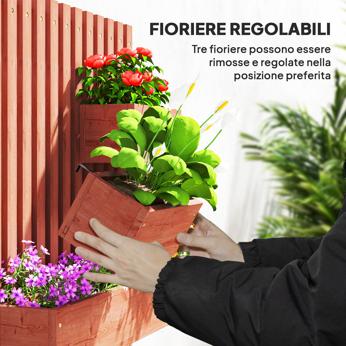 Fioriera Verticale in Legno con 3 Vasi Rimovibili