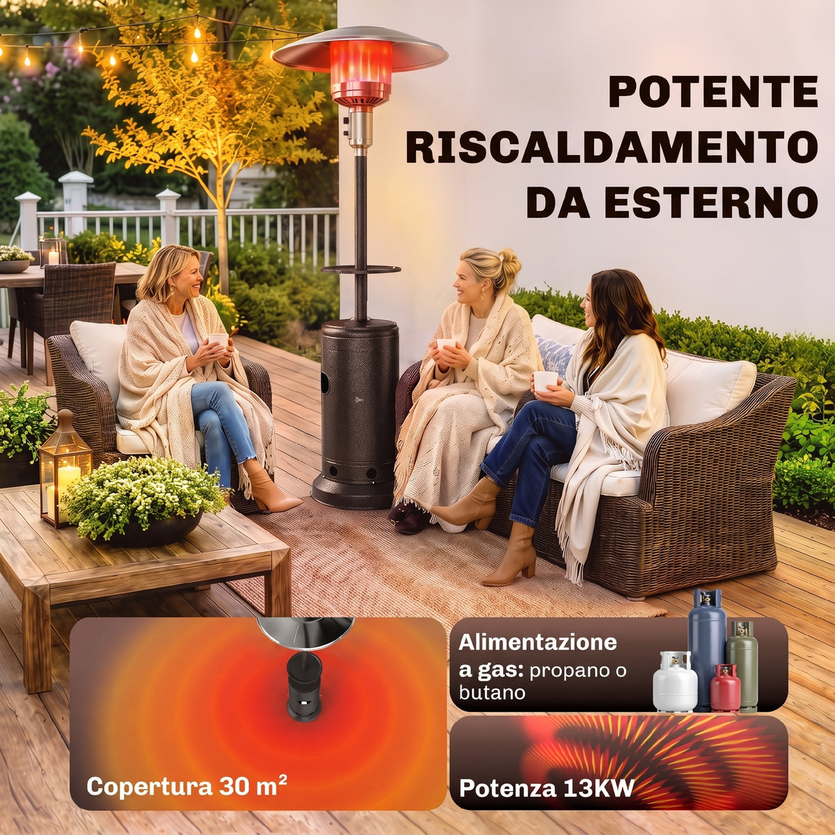 Fungo Riscaldante a Gas 13 kW con Ruote e Tavolino