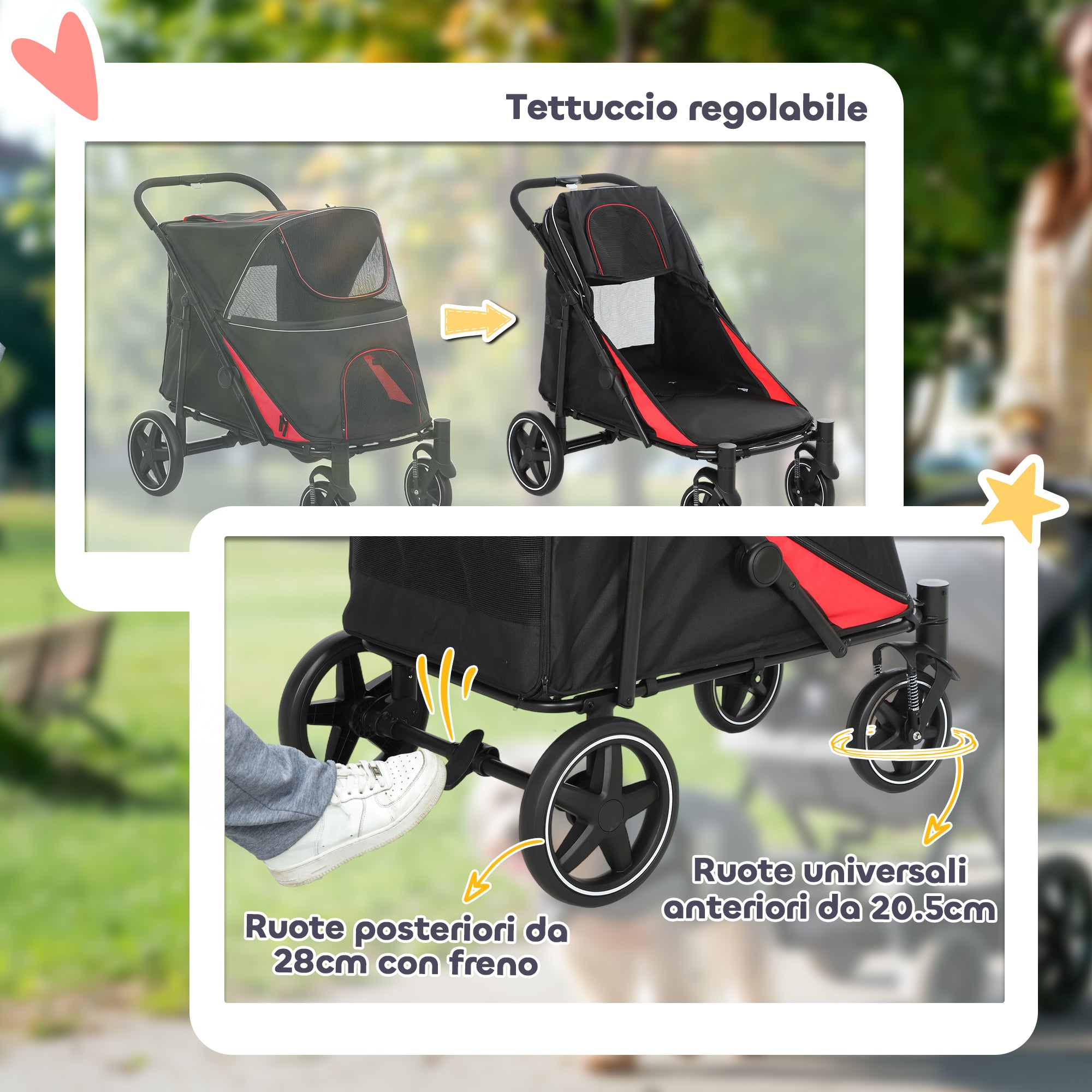Passeggino Pieghevole per Cani di Taglia Media o Grande con Finestre in Rete e Ingressi a Cerniera Rosso/Nero