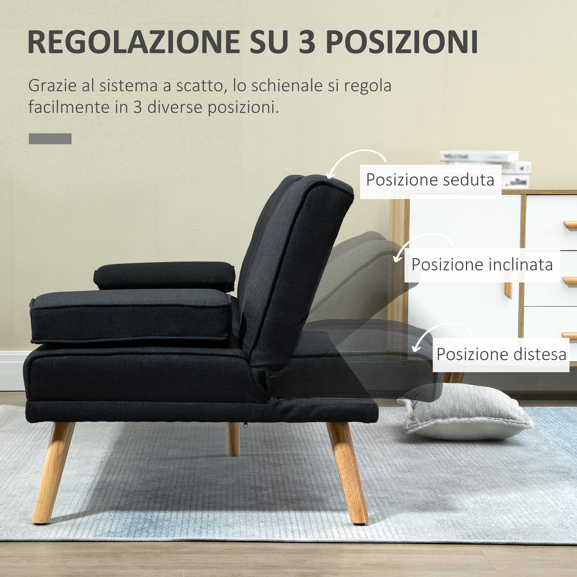 Divano Letto con Tavolino a Ribalta e Piedini in Legno Massello