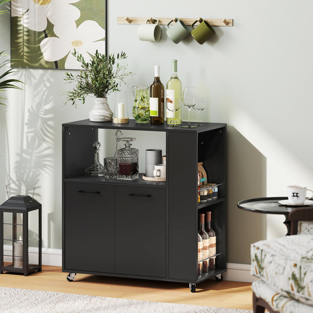Carrello da Cucina in Legno Nero con Ripiano e Armadietto