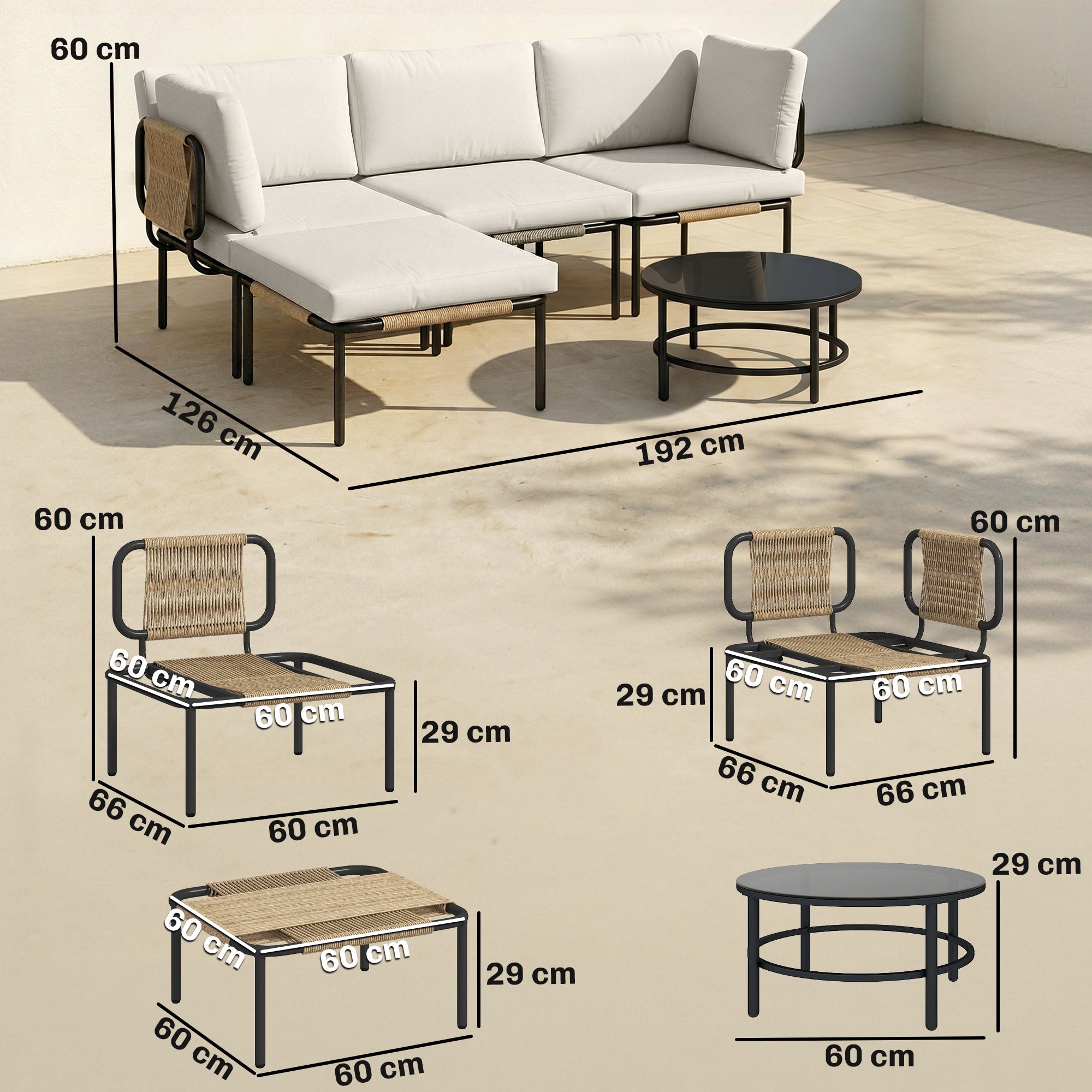 Set Salotto da Giardino 5 Pezzi in Rattan Componibile con Cuscini Cachi