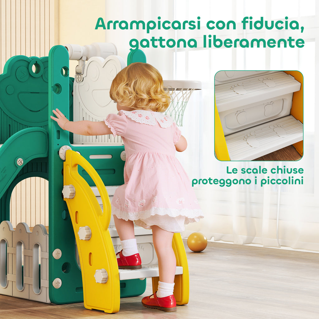 Set Scivolo per Bambini 5 in 1 con Canestro, Scaletta e Telescopio Giallo
