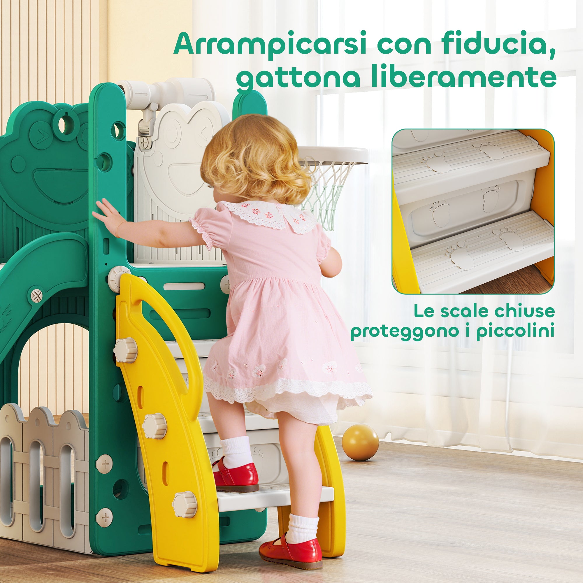 Set Scivolo per Bambini 5 in 1 con Canestro, Scaletta e Telescopio Giallo