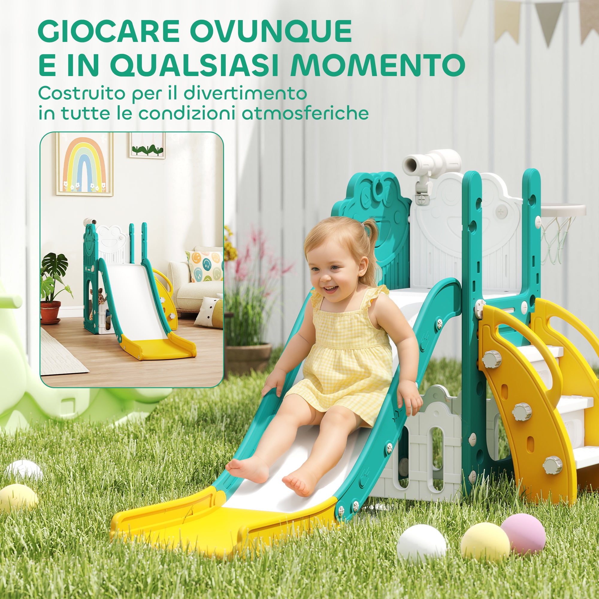 Set Scivolo per Bambini 5 in 1 con Canestro, Scaletta e Telescopio Giallo