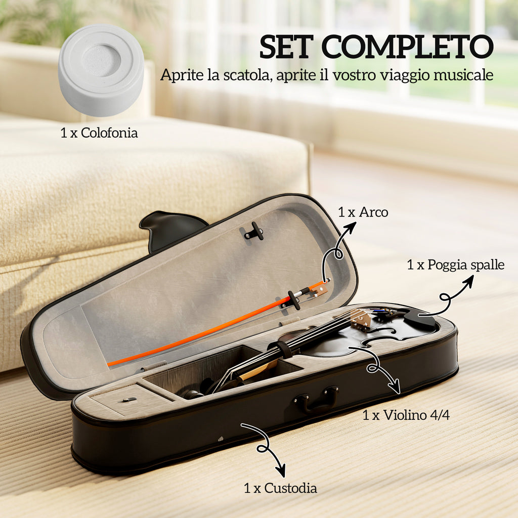 Violino 4/4 in Legno di Abete e Acero con Custodia e Accessori Nero