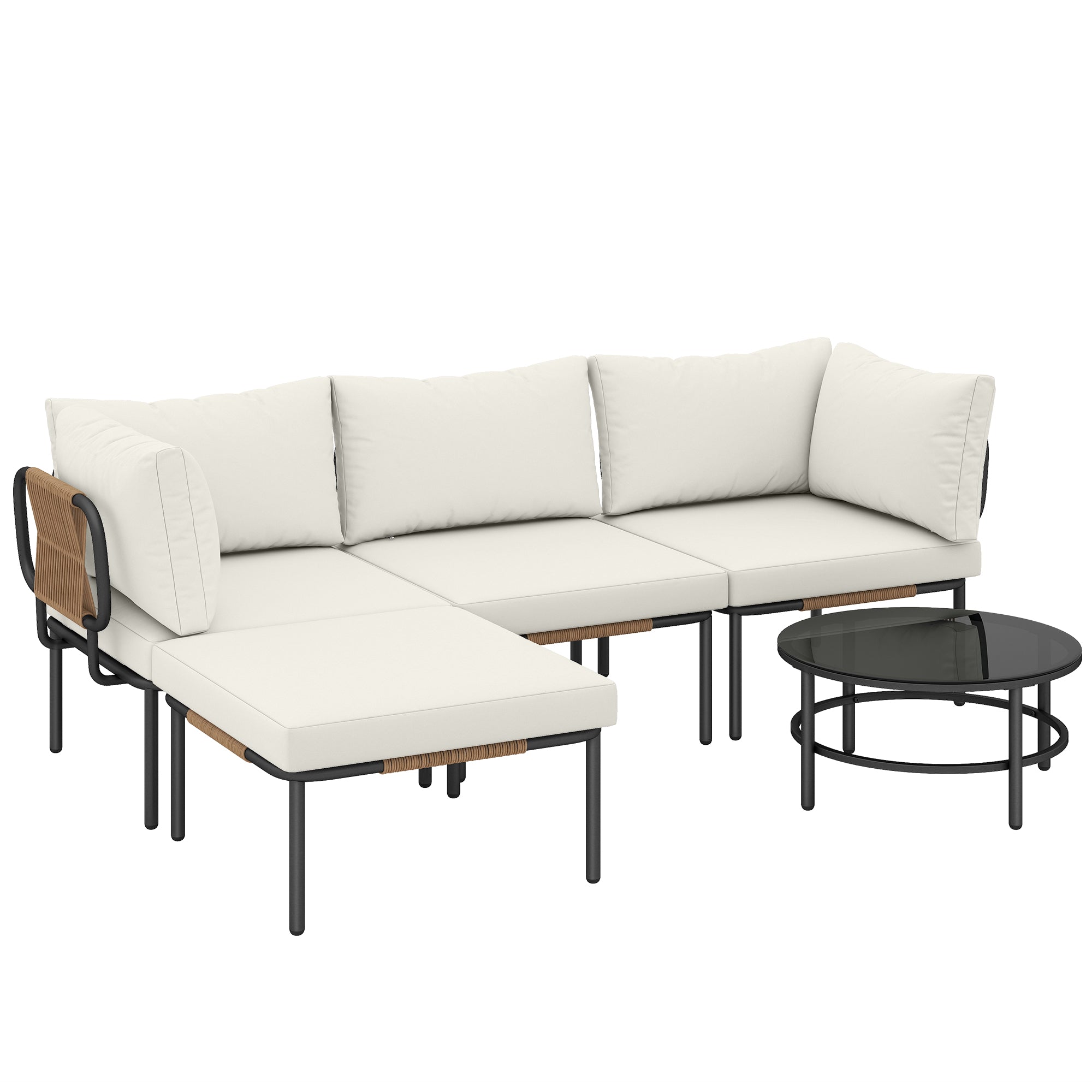 Set Salotto da Giardino 5 Pezzi in Rattan Componibile con Cuscini Cachi