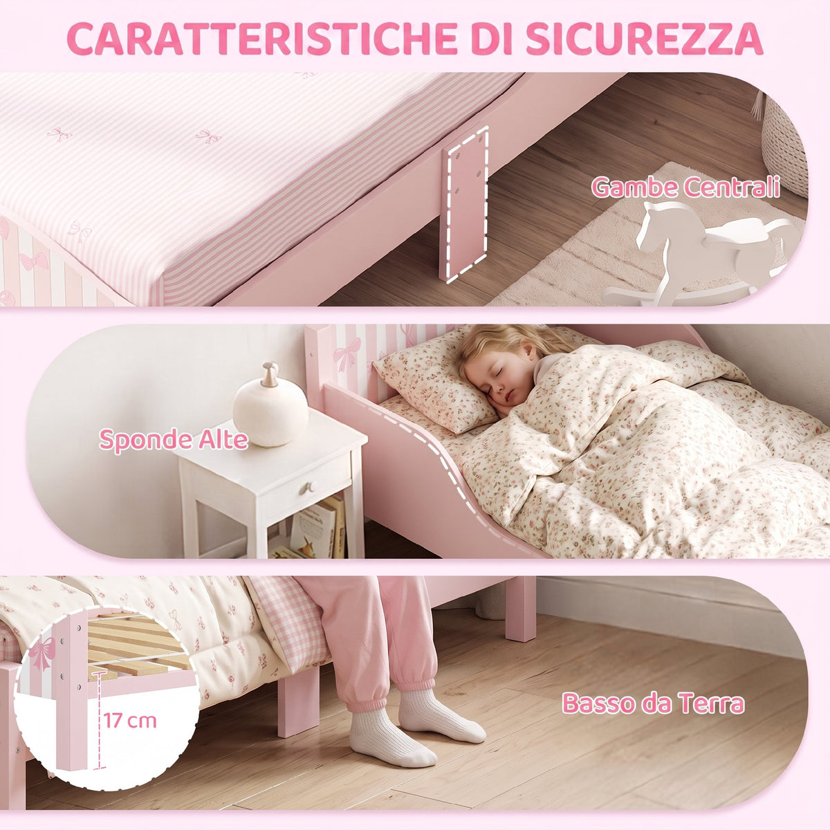 Letto Montessori a Fiocco Rosa per Bambini