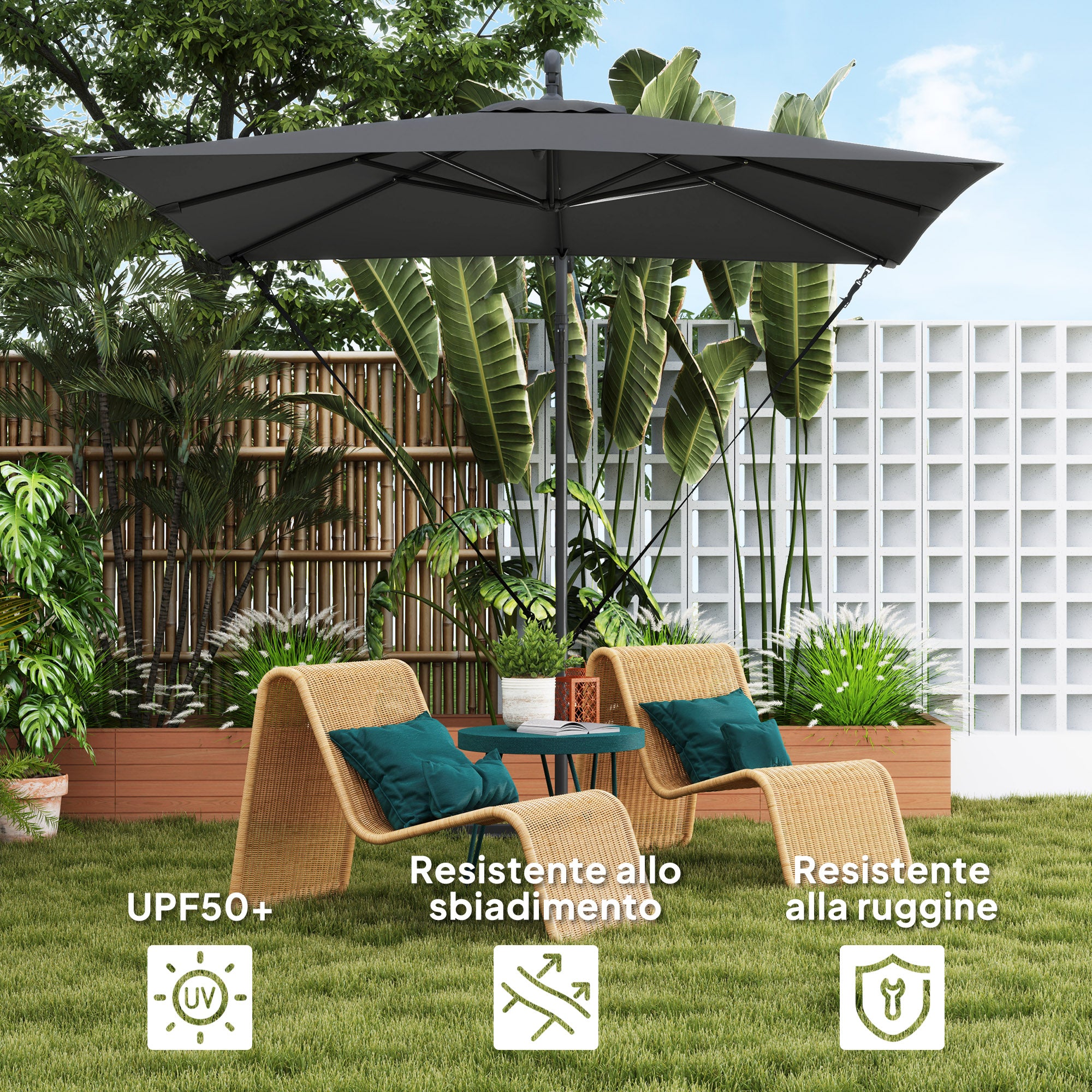 Ombrellone Decentrato da Giardino 2,47 x 2,47 m con Base a Croce e Corde Antivento