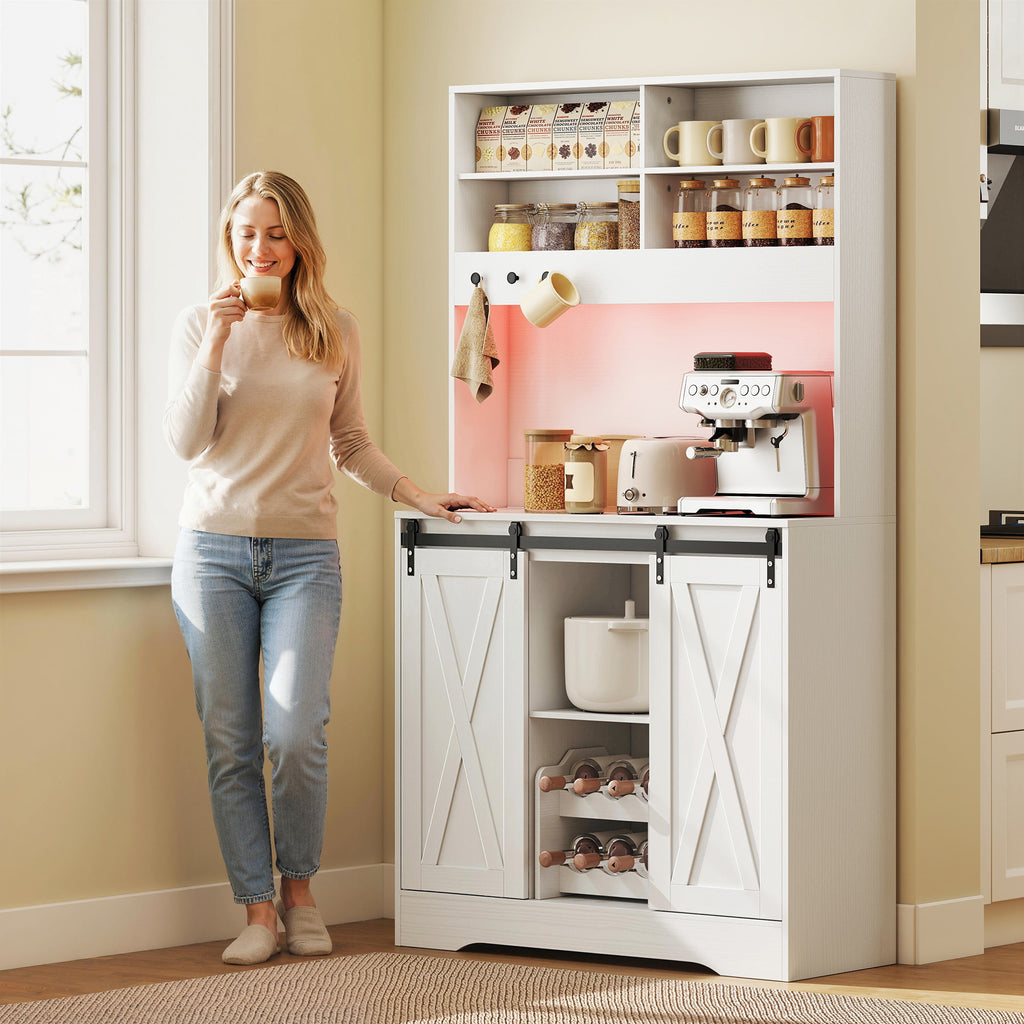 Credenza Cucina con LED, Prese Elettriche e Portabottiglie