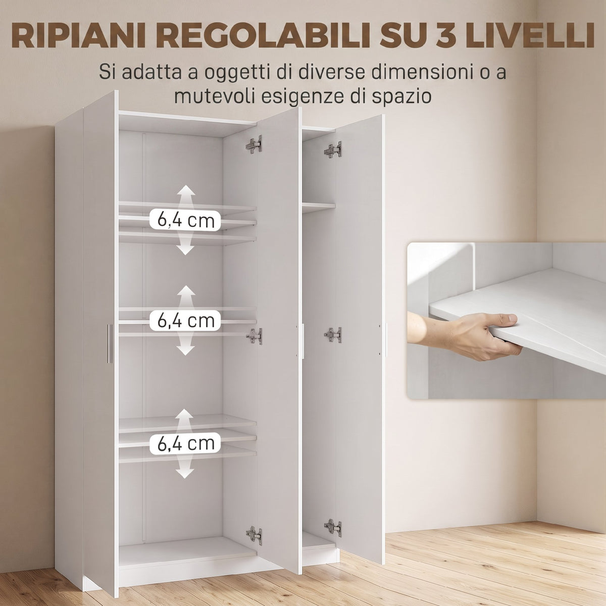 Armadio Bianco con Ripiani Regolabili e Ante Soft-Close