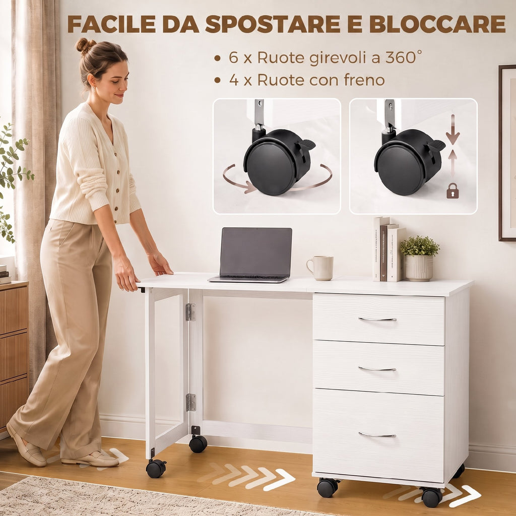 Scrivania Pieghevole Bianca con 3 Cassetti e Ruote