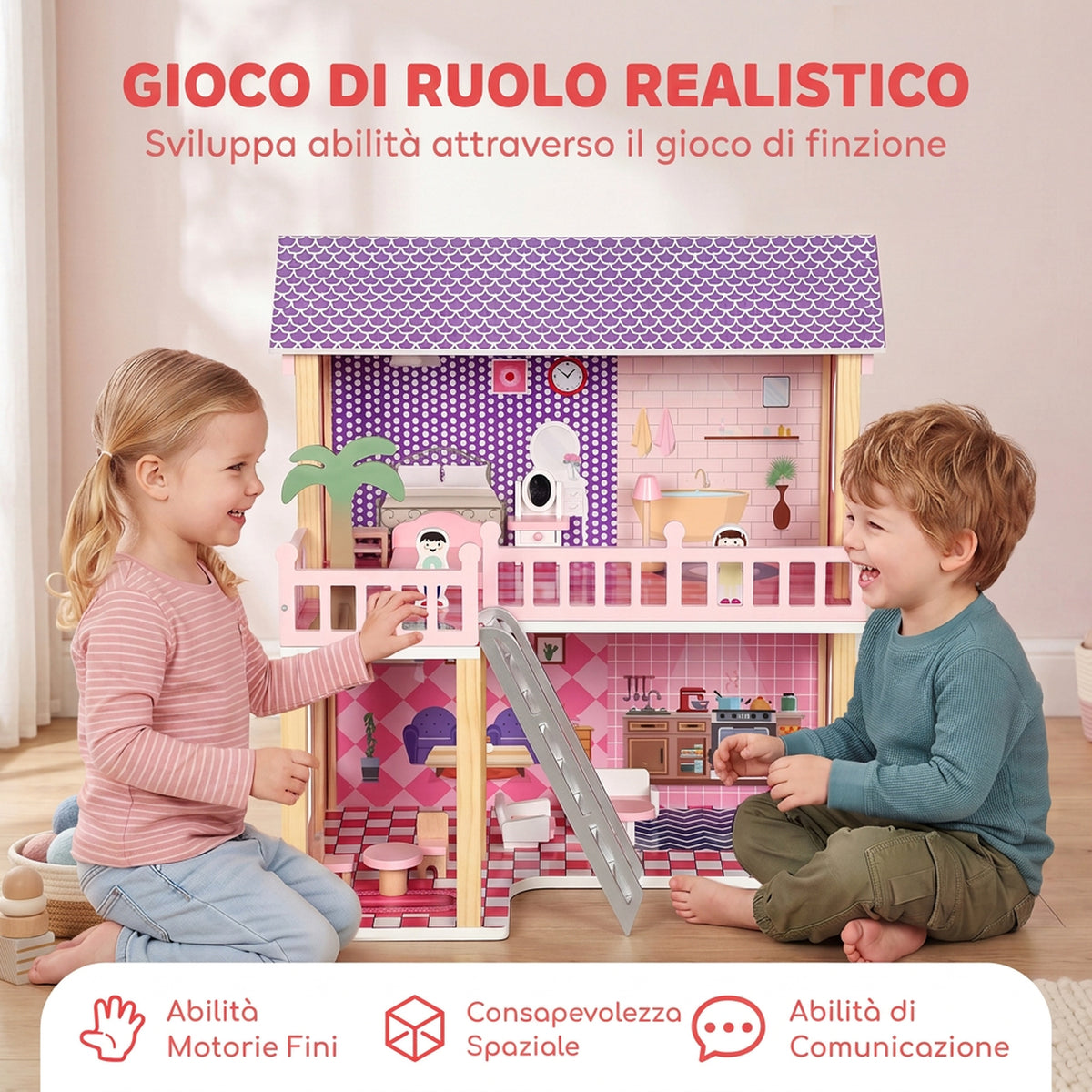 Casa delle Bambole in Legno Rosa con 11 Mobili