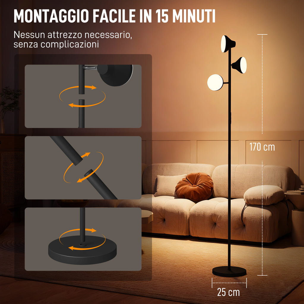 Lampada da Terra con 3 Teste Regolabili e Telecomando