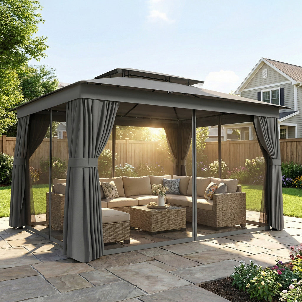 Gazebo da Giardino 3,8 x 3 m con Doppio Tetto e Tende Laterali