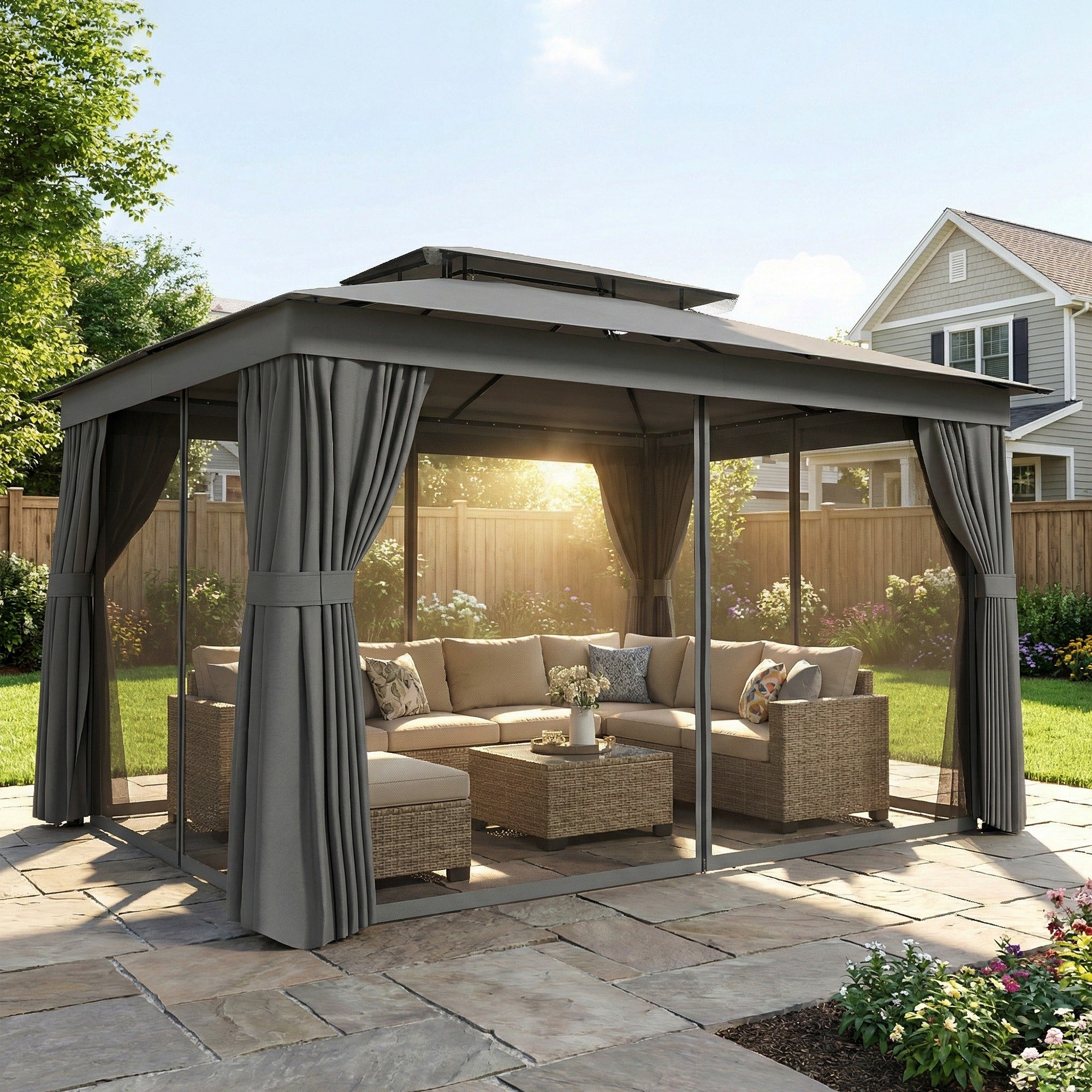 Gazebo da Giardino 3,8 x 3 m con Doppio Tetto e Tende Laterali
