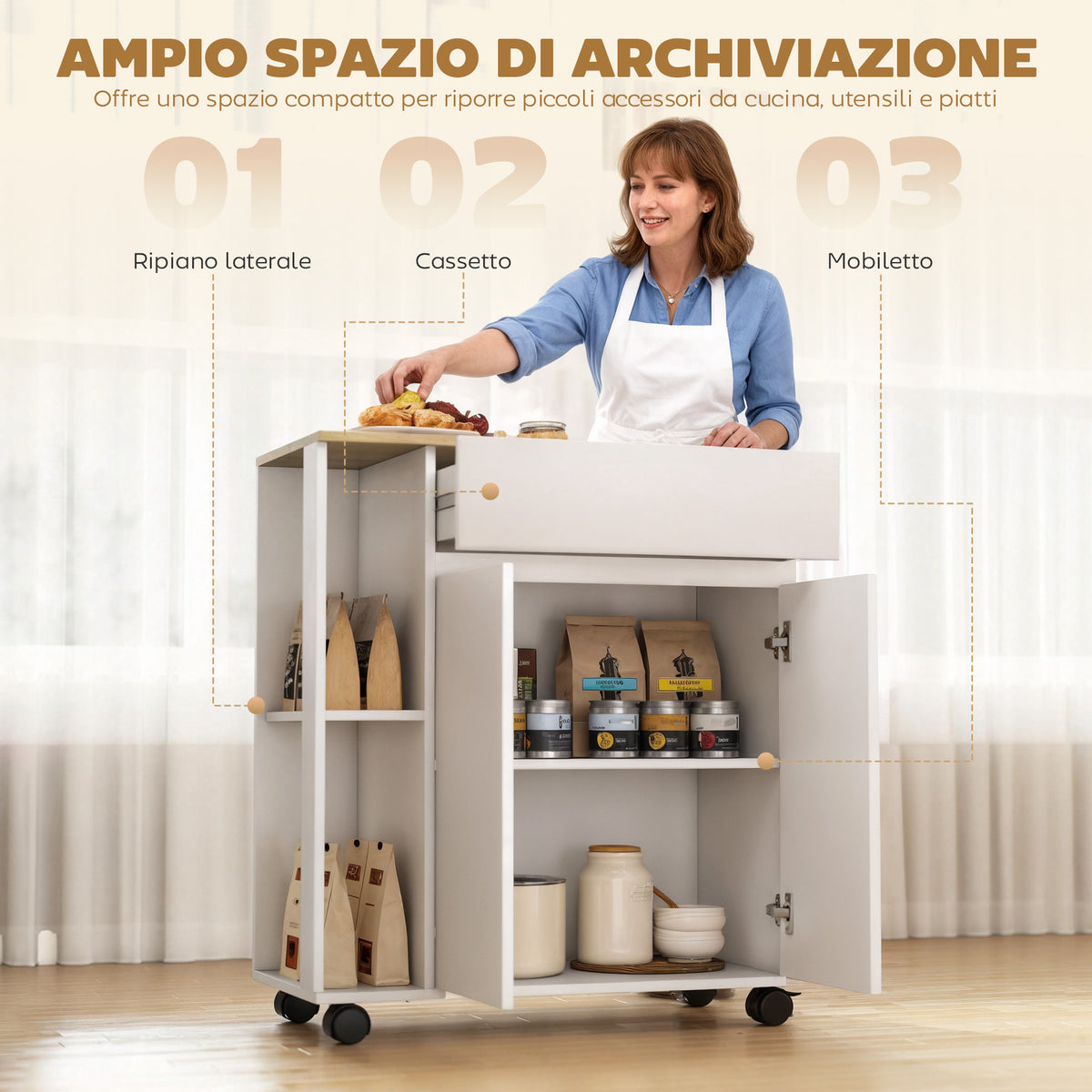 Carrello da Cucina Bianco e Rovere con Cassetto